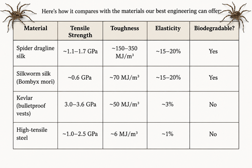 Comparison table of spider dragline silk, silkworm silk, Kevlar, and high-tensile steel by tensile strength, toughness, elasticity, and biodegradability